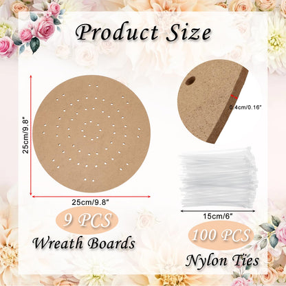 OGANAZI 9 PCS 10 Inch Wreath Boards with Holes, Wood Board Forms with 100 Nylon Ties, DIY Round Frame Decorative Flower Boards Wreath Making Supplies for Wedding, Christmas, Home Decor