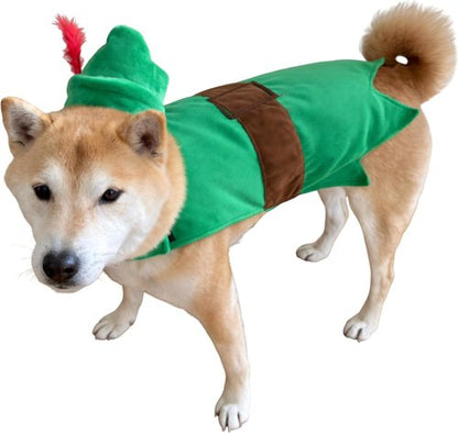 ComfyCamper Green Forest Bandit Dog Costume Cape & Headpiece - Robin Hood Elf Halloween Outfit, Size S