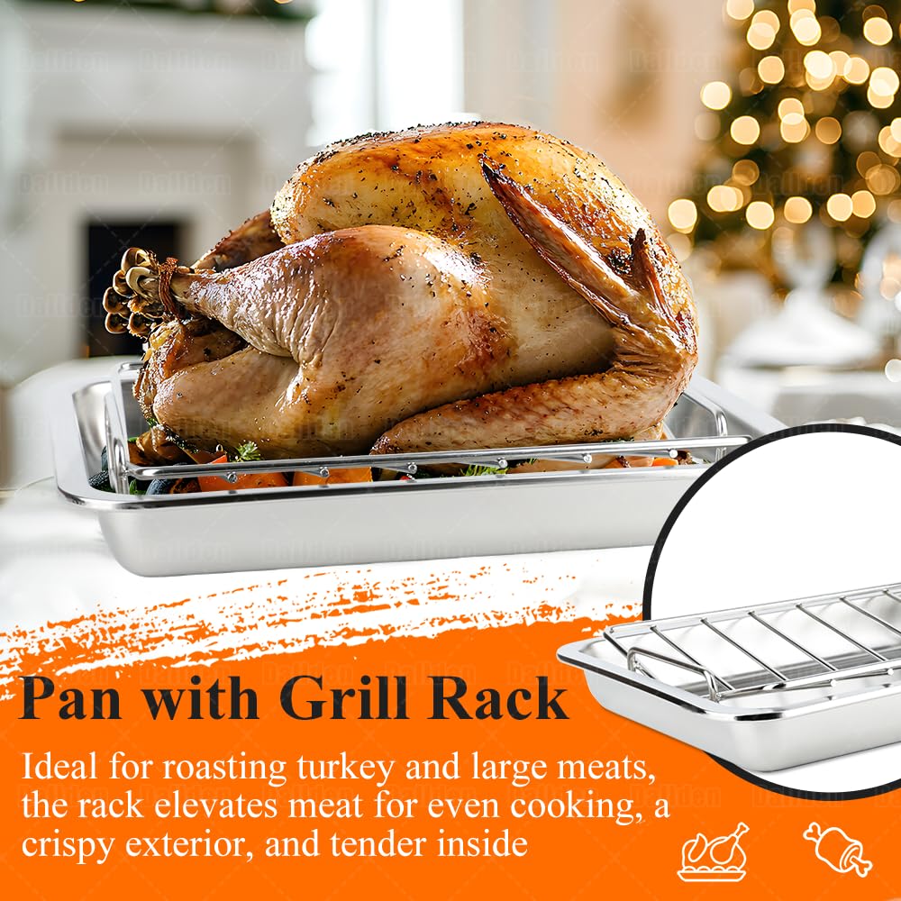 15.5 Inch Turkey Roasting Pan with V-Rack, Stainless Steel Turkey Roaster Pan for Ovens, with V & Flat Rack Meat Claws Brush, Deep Broiling Pan for Turkey Chicken Ham
