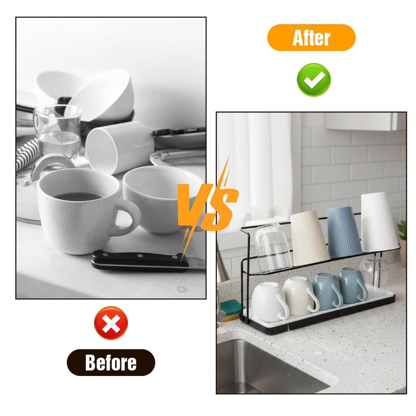 2-Tier Bottle Drying Rack Cup Cradle Storage with Drain Removable Tray Mug Organizer, Over Sink Instant Dry Small Dish Dryer for Kitchen Countertop Water Bottles and Tumblers,Coffee Mugs, Glasses,