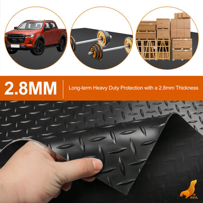 SEAL 5 x 10 FT Premium Garage Floor Mat, Solid 2.8mm Thick Lay-Flat Black Commercial Grade Heavy Duty Parking Mat for Golf Cart, Workbench, ATV, Water/Stain Resistant Runner (Embossed Diamond Plate)