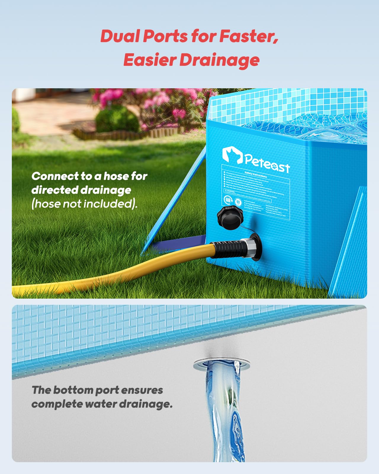 Peteast Foldable Dog Kiddie Pool with Stable Side Support, Hard Plastic Shell Portable Dog Pool, Collapsible Swimming Pools for Pet and Kids, 64 in