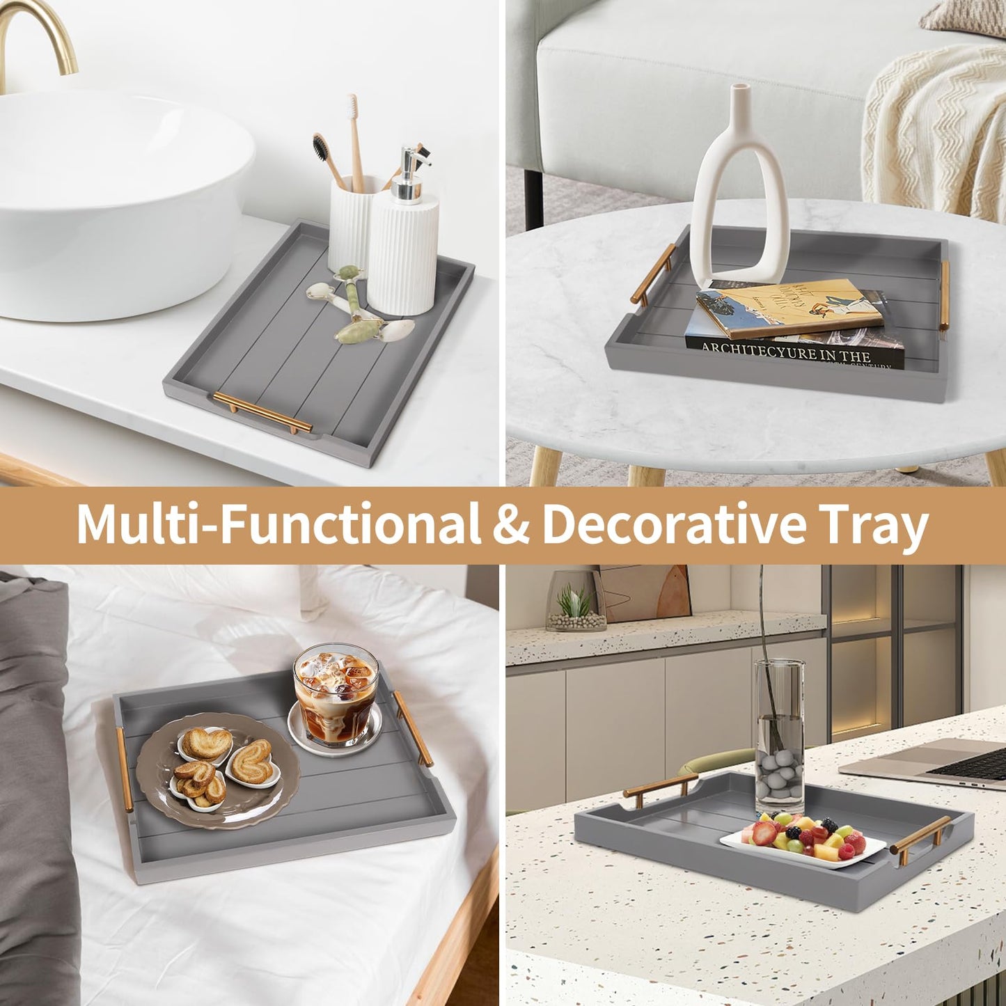SXNOWS Wooden Serving Tray with 2 Sets of Handles,Large Ottoman Tray for Living Room, Rectangular Wood Tray for Coffee Table, Modern Farmhouse Kitchen Decor, 4 Round Coasters Included,Gray