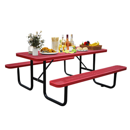 6FT Metal Picnic Tables for Outdoors, Commercial Rectangular Picnic Table and Bench Set for Outside, Patio, Garden, Backyard, Porch, Surface Mount, Red