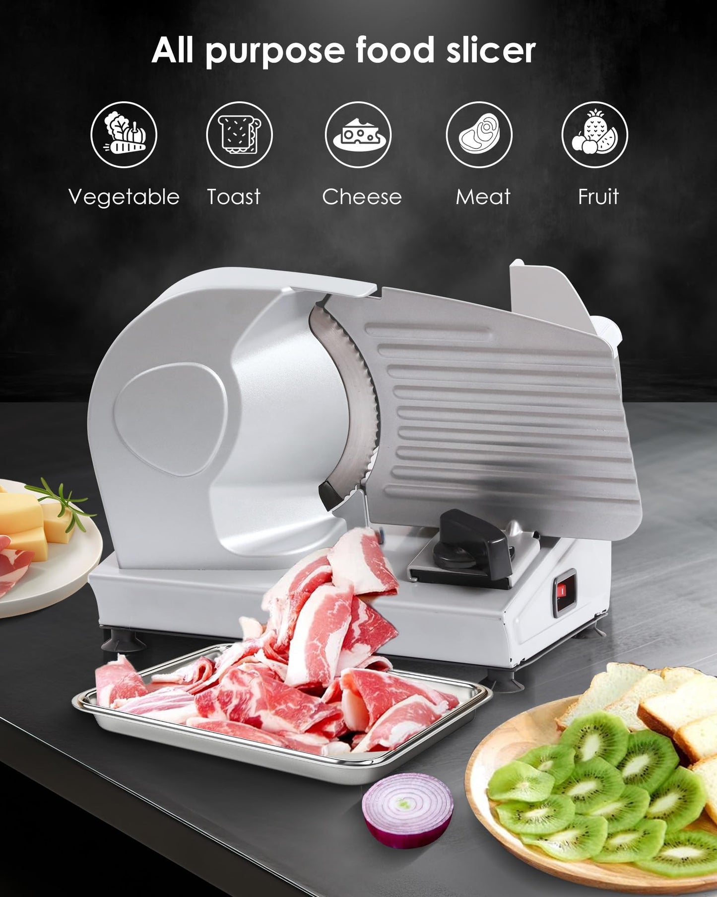 Valley Sportsman Meat Slicer Machine for Home - Electric Food Slicer with 7.5" Stainless Steel Blade, Adjustable Thickness Deli Slicer Cuts Meat, Bread, Cheese, Easy to Clean, Sliver