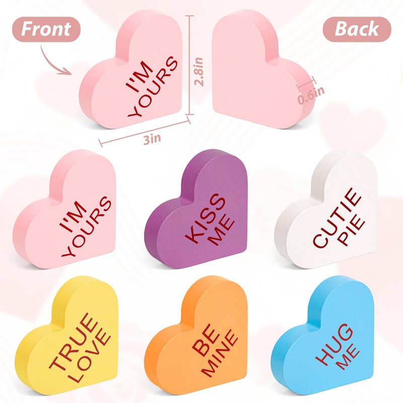 6 Pack Wooden Conversation Hearts Decor - Valentine Mantel Decor,Heart Signs for Home Shelf, Tiered Tray, Fireplace & Office Decorations