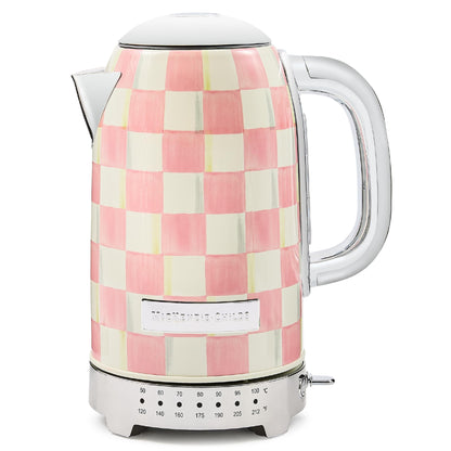 MACKENZIE-CHILDS Electric Kettle, Stainless-Steel Tea Kettle, Pink-and-White Rosy Check