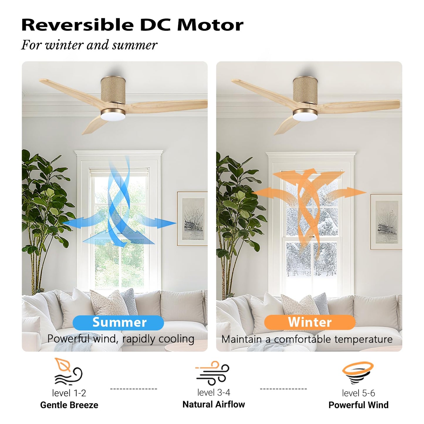 LEDLUX 52" Ceiling Fan with Light - Low Profile Flush Mount Ceiling Fan, 6-Speed Remote Control, Solid Wood, Quiet Reversible DC Motor, Boho Style, for Bedroom, Living Room, Porch, Light Oak/Gold