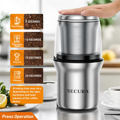 Secura Electric Coffee Grinder and Spice Grinder with 2 Stainless Steel Blades Removable Bowls