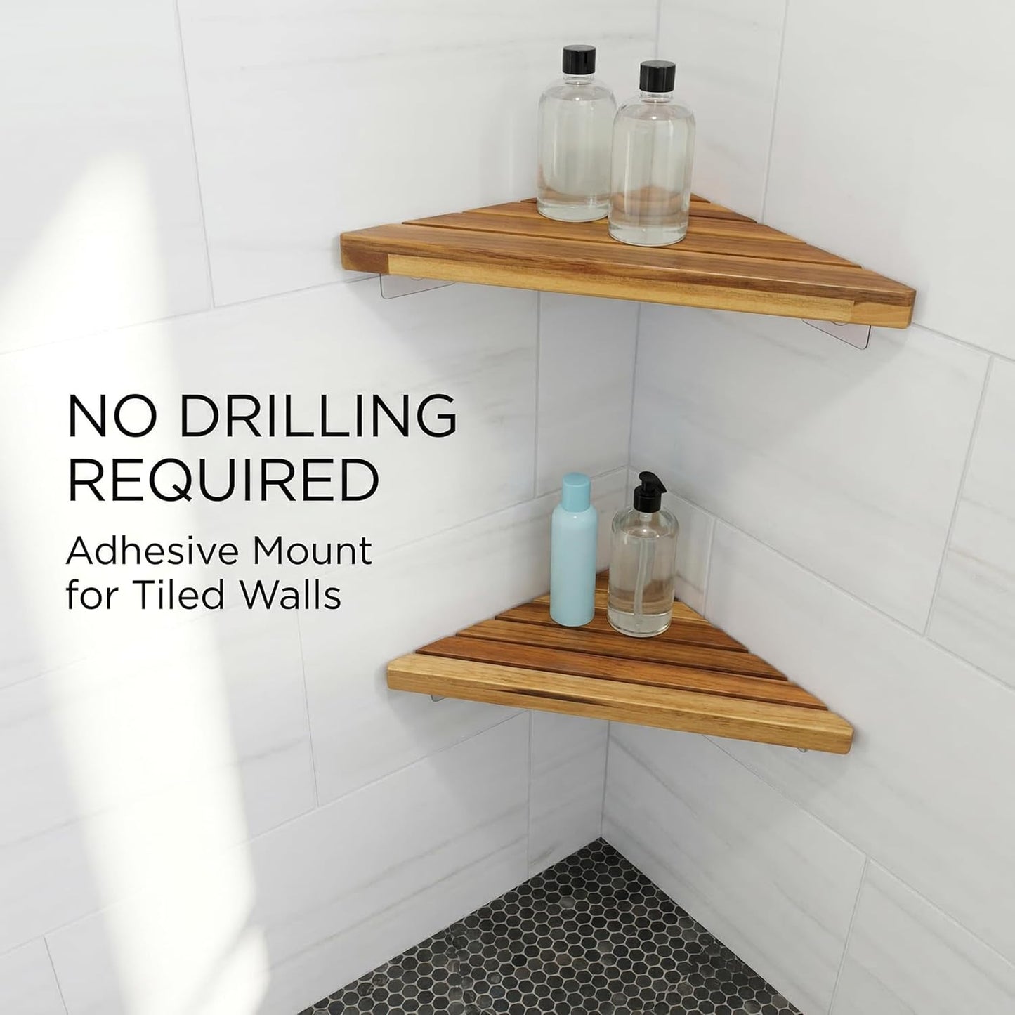 2 Pack Wooden Corner Shower Shelf Triangular Corner Shelf Wooden Bathroom Shelf for Tiled Wall, Shower Corner Shelf, No