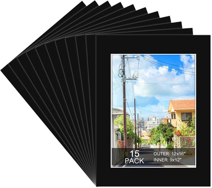 15 Pack 12x16 9x12 Black Picture Mats, Frame Mattes for Pictures Display Photo Frame Mat Core Bevel Cut Mat Board Show