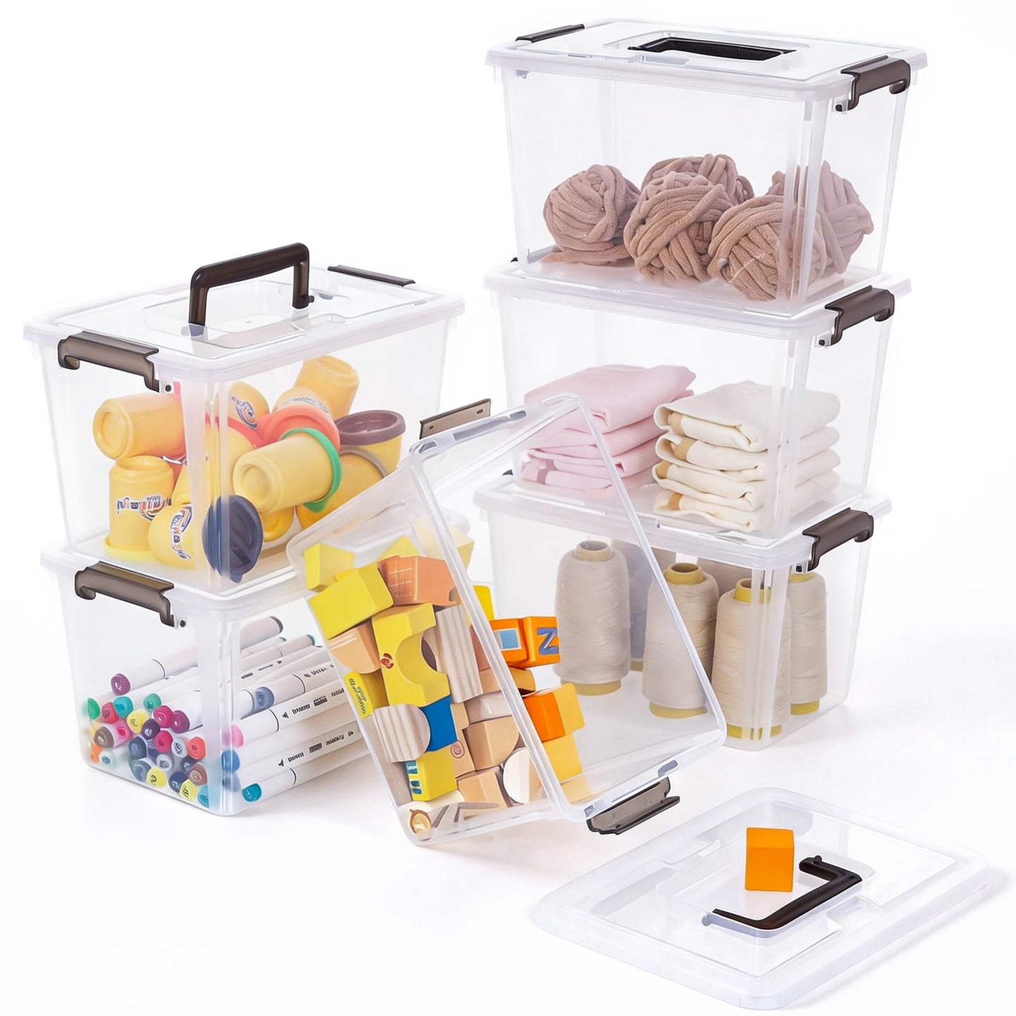 Citylife 6 Packs 6 QT Plastic Storage Bins with Latching Lids Clear Storage Box with handle Stackable Storage Containers for Organizing Snacks, Crafts, Toys, Tools