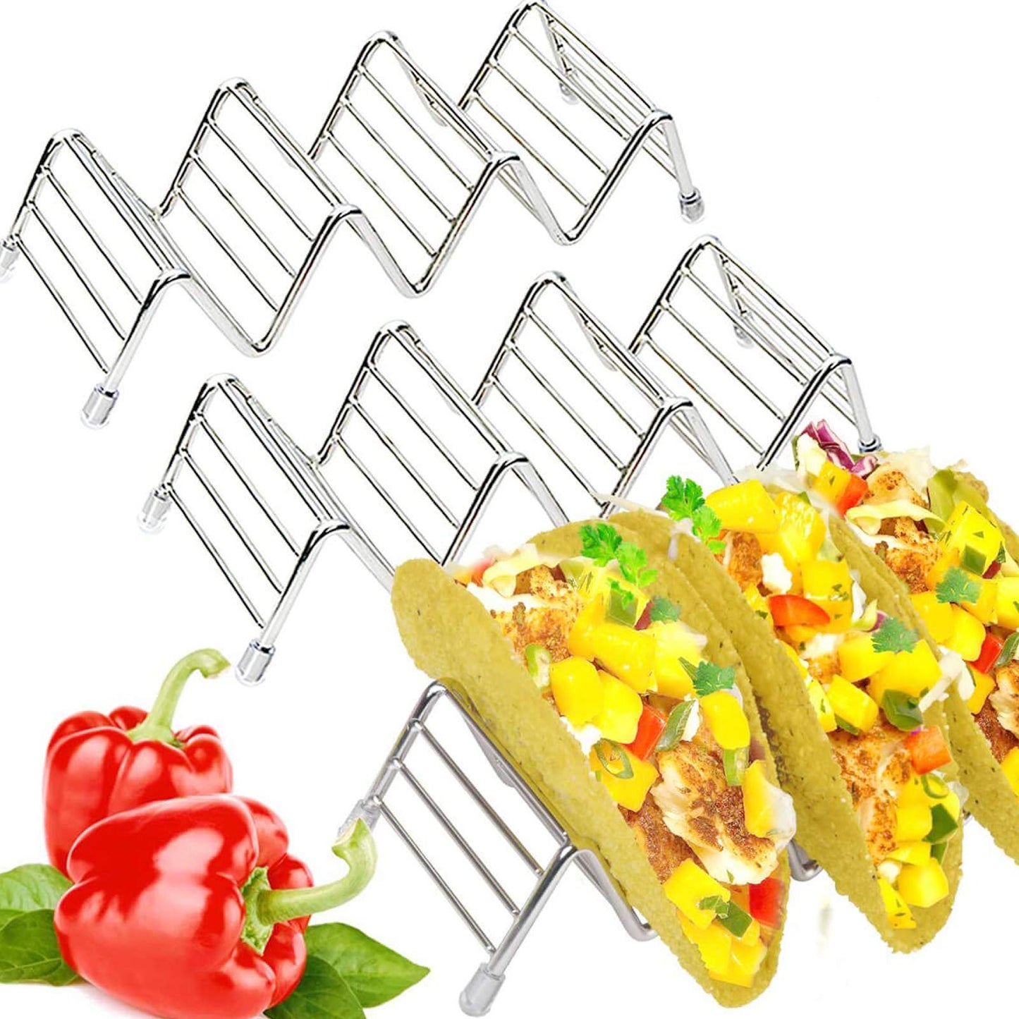 MEKBOK Taco Holders set of 3,Stainless Steel Taco Shell Holder Stand,Taco Tray Plates for Taco Bar Gifts Accessories,Holds 4 Tacos Each,Oven Safe for Baking, Dishwa sher and Grill Safe