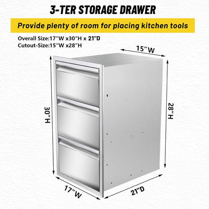 yuxiangBBQ Outdoor Kitchen Drawer, Stainless Steel Tilting Paper Towel Holder Drawer Plus Double Drawers Combination, 17W 30H 21D Double Wall Outdoor Kitchen Drawers