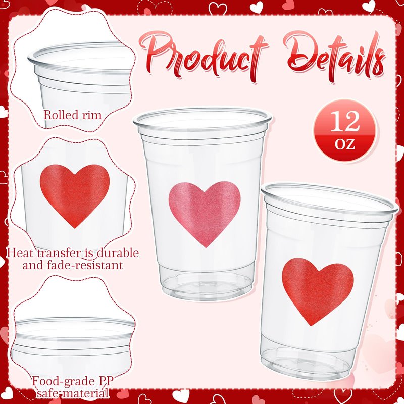 Moinchore 100 Pcs 12 oz Valentines Heart Plastic Cups Clear Disposable Heart Wine Cups Bulk for Galentine's Day Iced Coffee Drinking Ice Cream Wedding Party Supplies (Pink,Red)