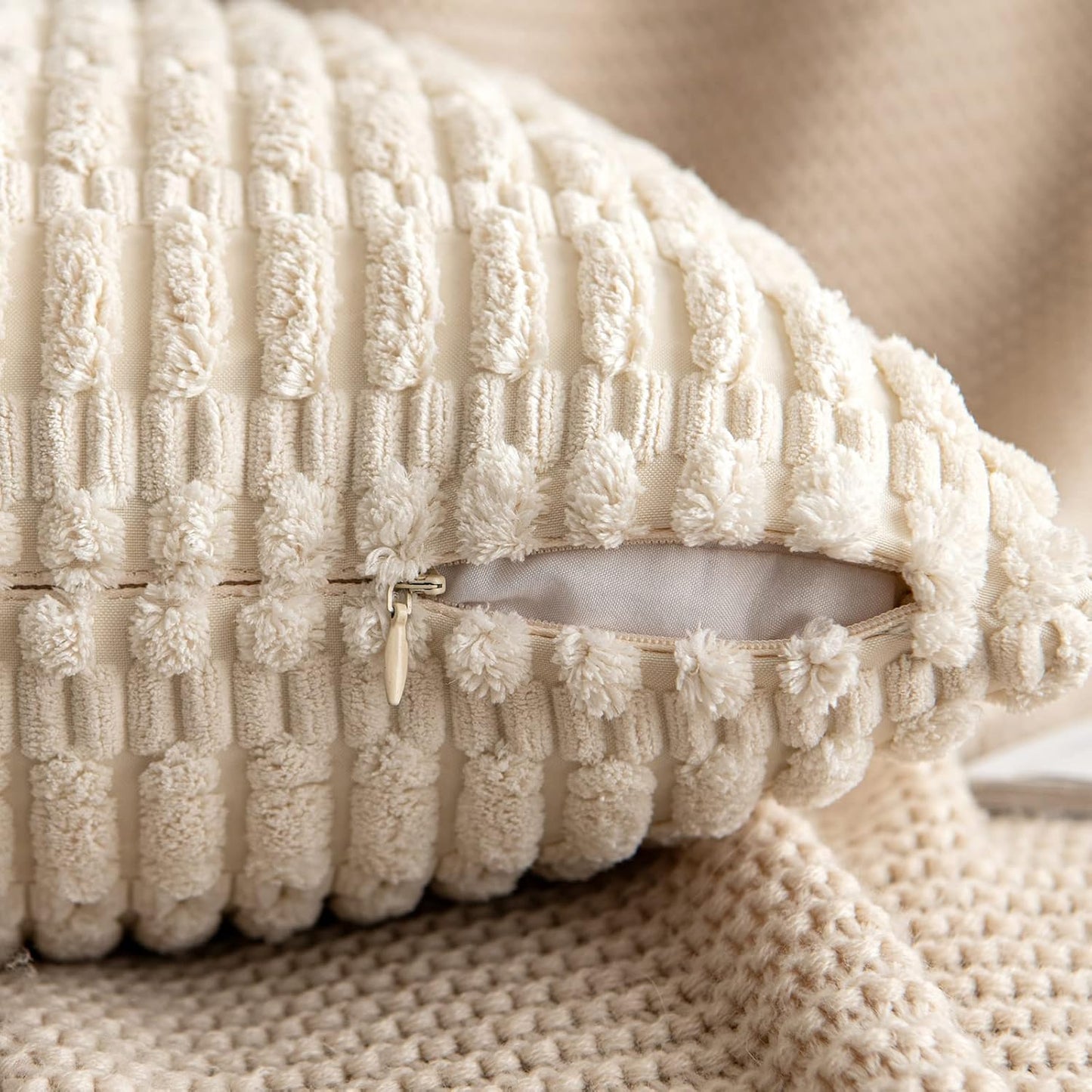 MIULEE Euro Sham Pillow Covers - Soft Boho Striped Corduroy | Set of 2, 22x22 Inch, Cream White
