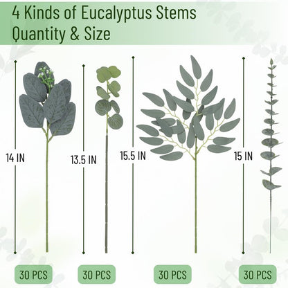 120 Pcs Artificial Eucalyptus Stems, 4 Kinds Mixed Faux Greenery Stems Fake Silver Dollar Eucalyptus Leaves Bundle for DIY Bouquets Centerpiece Spring Floral Arrangement Wreath Home Wedding Decor
