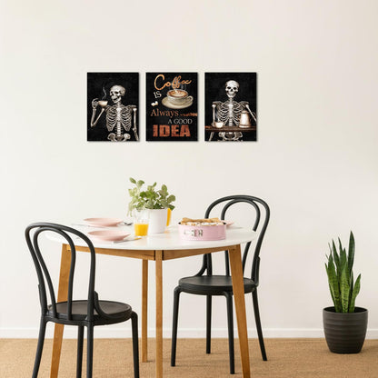 Zlove Skull Coffee Bar Wall Decor Funny Skeleton Signs Painting Prints Halloween Gothic Drinking Artwork for Kitchen, 12" x16, 3Pcs