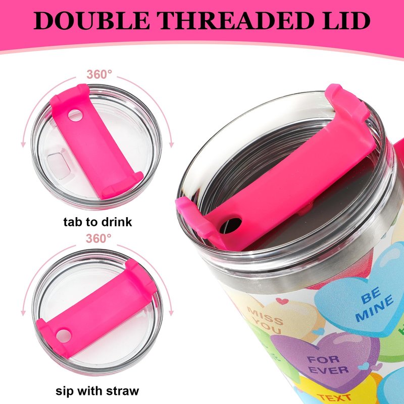JarThenaAMCS Valentine's Day Tumbler with Lid Straw Stainless Steel Cup 40oz Colorful Conversation Heart Tumbler with Handle for Home Office Travel