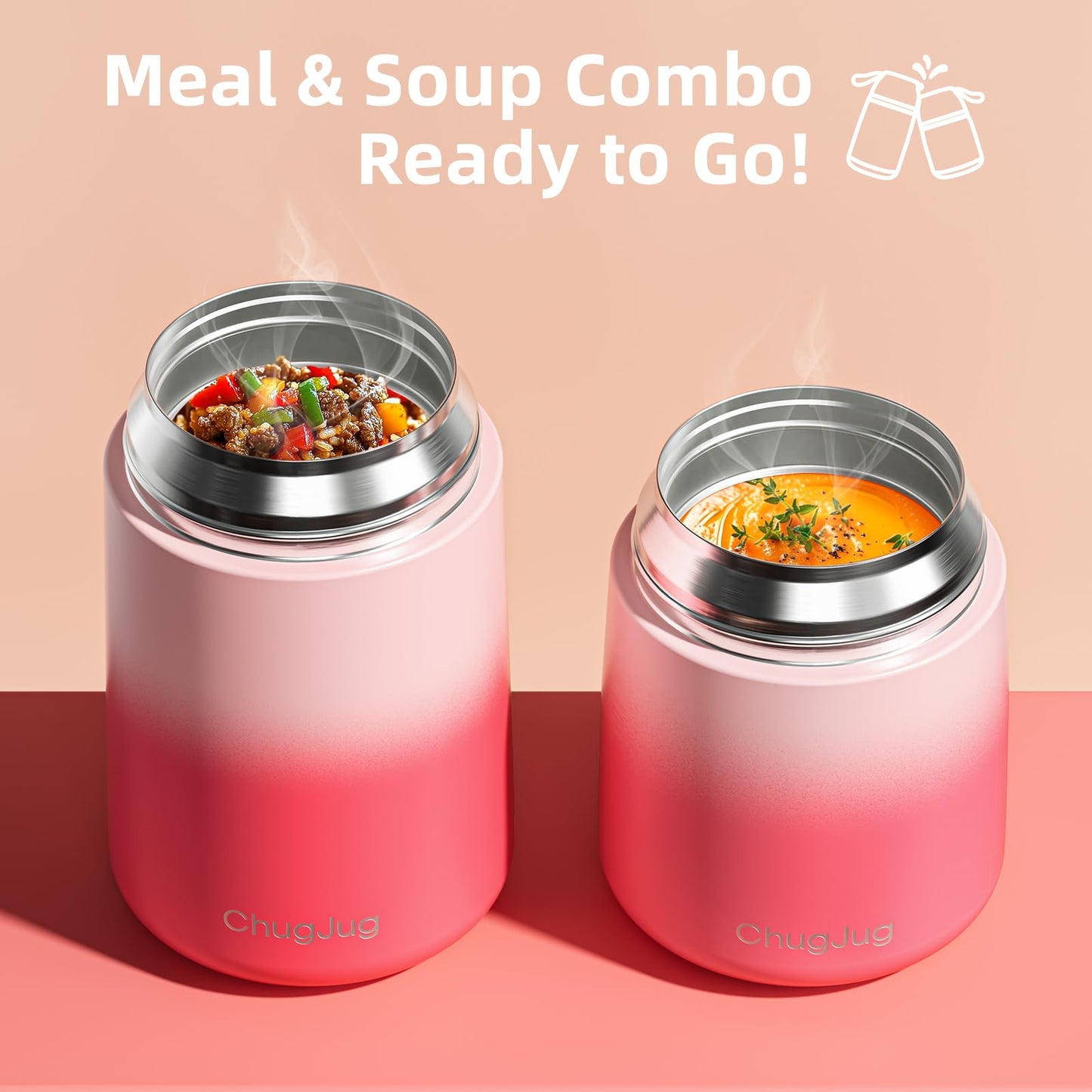Insulated Food Jar Set, 26oz & 18oz Stainless Steel Vacuum Insulated Soup Containers for Hot Food, Leak-Proof Thermal Food Jars with Spoons, Cute Stylish Design for School, Work & Travel (Pink)