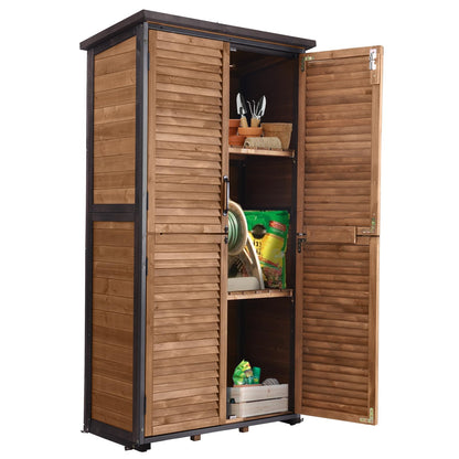 GUTINNEEN Outdoor Storage Cabinet Waterproof Metal Frame Wooden Storage Sheds Outdoor with Floor 4 Lockable Doors, 2 Adjustable Shelves, Garden Tool Shed for Patio Porch Backyard Lawn 63"