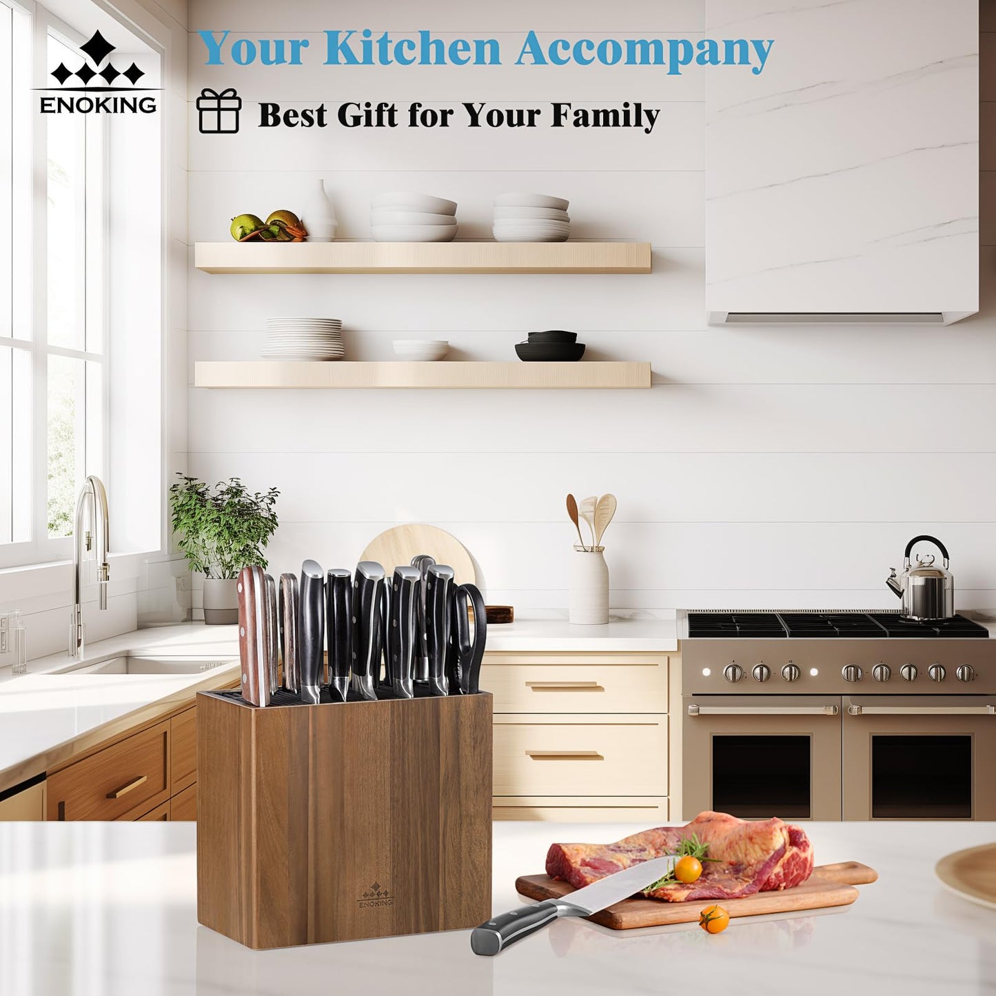 ENOKING XXL Acacia Wood Knife Holder – Large Universal Knife Block with Blade-Protecting Slots, Holds 26+ Knives, Scissors, and Sharpening Rods, Space-Saving Kitchen Storage Organizer