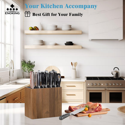 ENOKING XXL Acacia Wood Knife Holder – Large Universal Knife Block with Blade-Protecting Slots, Holds 26+ Knives, Scissors, and Sharpening Rods, Space-Saving Kitchen Storage Organizer