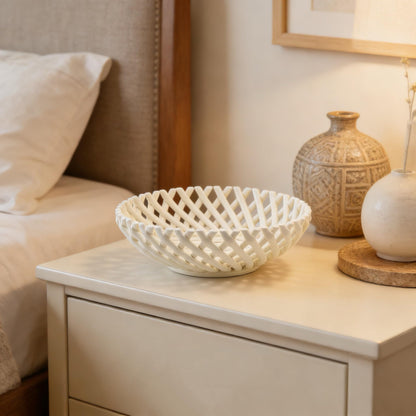SUNKAHOY Ceramic Fruit Bowl Basket Bowl for Kitchen 10 Inches Handmade Ceramic Decorative Bowls Fruit Basket for Fruit, Vegetables,Gift,Table Countertop,Home (White)