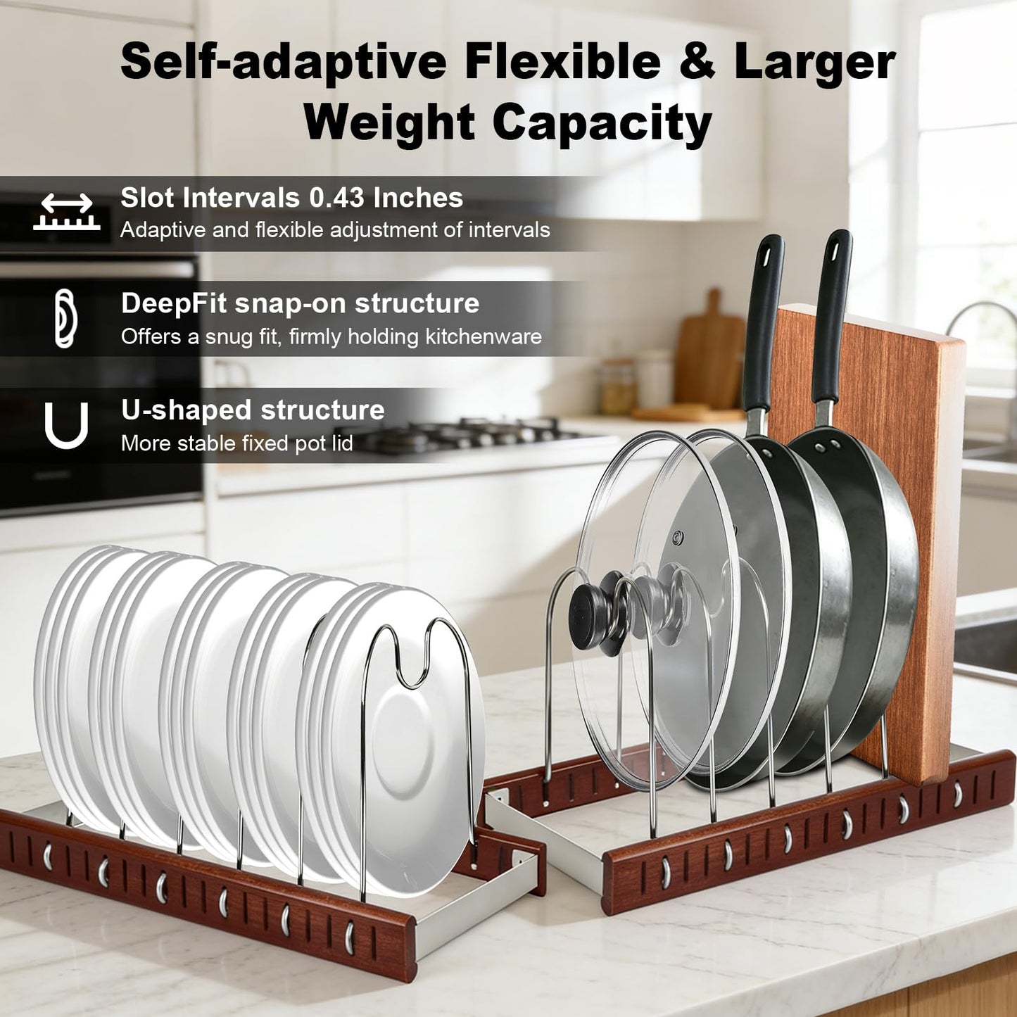 Pot Lid & Pan Organizer, Space-Saving Kitchen Cabinet Organizer W Oak Base & Self-Adaptive Flexible Design for Tray, Baking Sheet, Cutting Board, Cookware, Skillets - Cutting Board Holder Storage