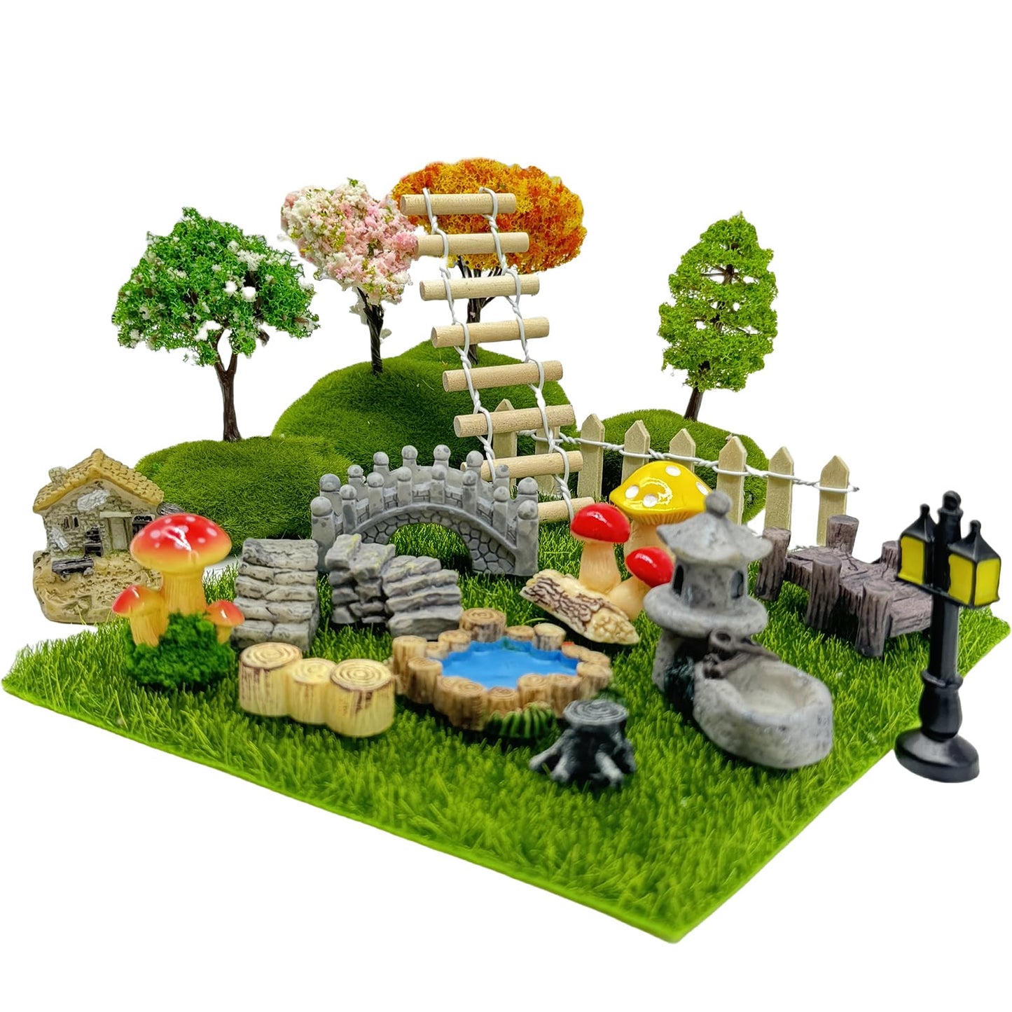 Julang 23 Pcs Fairy Garden Miniatures Jumping Spider Enclosure Accessories, Mini Bridge Fence Pond Street Lamps Mushroom Lawn Figurines Garden Decorations for Jumping Spider Habitat