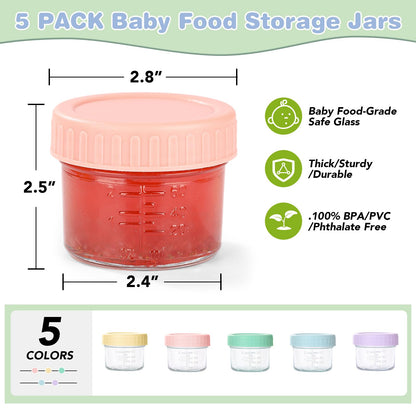 RowinsyDD 5 Pack Glass Baby Food Storage Containers, 4 oz Leakproof Baby Food Jars with Lids, Small Glass Food Containers for Infant Baby, Freezer & Microwave Safe, BPA Free