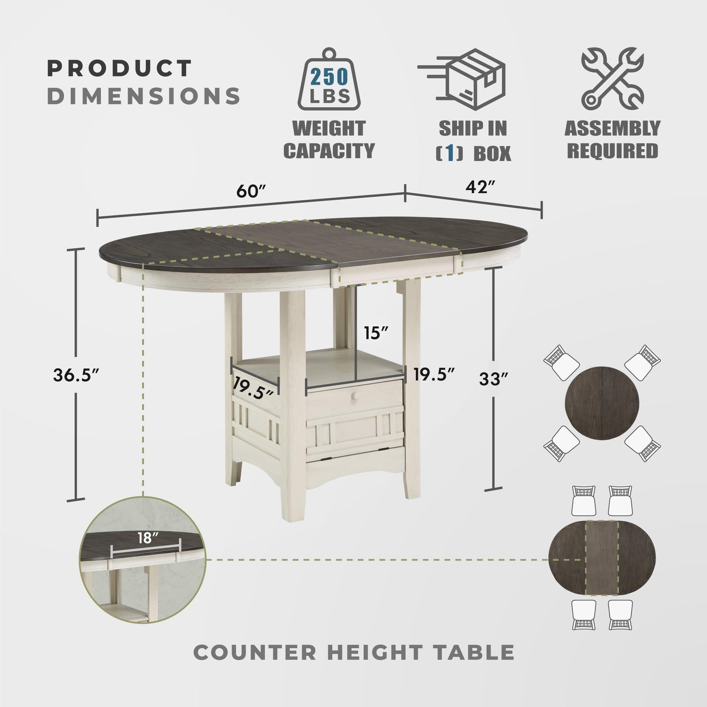 Lexicon Dante Oval Counter Height Dining Table for 4, Expandable Wood Table with Extension Leaf & Built-in Storage Base, Easy Assembly for Kitchen Islands & Breakfast Bars - Rosy Brown/Antique White