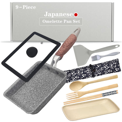 DXBVIEX 9Pcs Tamagoyaki Pan Set, Japanese Omelette Pan Nonstick with Lid, Square Japanese Egg Skillet Rectangle 7"x5" Grey