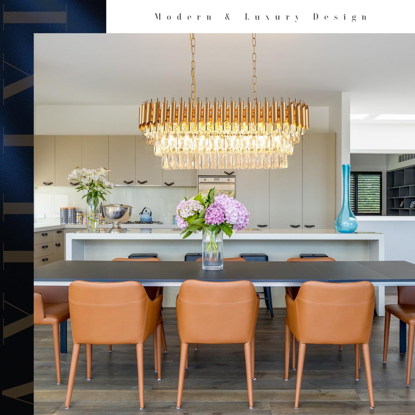 A AXILIXI Modern Rectangular Chandelier Gold Crystal Chandeliers for Dining Room 8-Light Linear Ceiling Pendant Light Long 32” Luxury Oval Chandelier for Kitchen Island Living Room