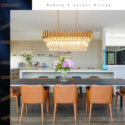A AXILIXI Modern Rectangular Chandelier Gold Crystal Chandeliers for Dining Room 8-Light Linear Ceiling Pendant Light Long 32” Luxury Oval Chandelier for Kitchen Island Living Room