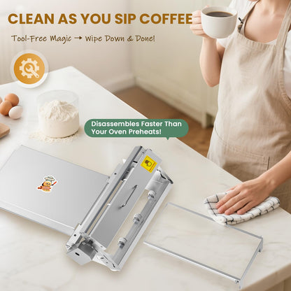 Huanyu Manual Dough Sheeter 15.7”, 10 Adjustable Thickness 0.1mm-17.5mm, Tool-Free Assembly, for Home Bakers & Small Bakeries, Croissant, Pizza, Pasta, Fondant