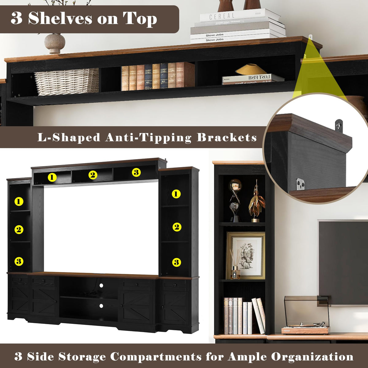 Merax 98.8" W Black Entertainment Center with Bookshelves for Living Room, Wooden Wall Unit TV Stand with Storage for TVs up to 80", Media Console with Drawers, Outlets, Cabinets & Adjustable Shelves