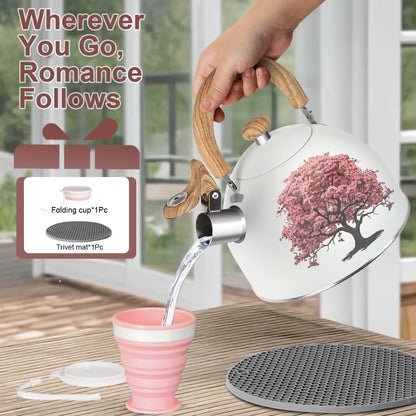 ARC Stainless Steel 2-Quart Whistling Milk White Tea Kettle with Magic Color Changing Design, Stovetop Teapot With Folding Cup & Trivet Mat