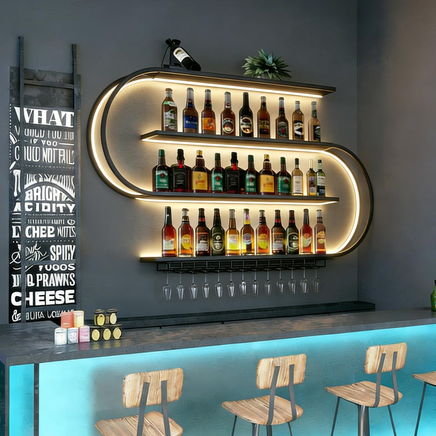 amhricho 47.2in Large Wall Mounted Wine Rack with LED Light, 4-Tiers Half Round Wine Rack with Wine Glass Hooks, Iron Wine Bottle Display Rack for Kitchen, Home Bar, Cafe (BLACK, 47.2 * 7.87 * 47.2IN)
