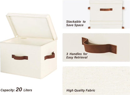 StorageWorks Fabric Storage Bins - Stackable Decorative Boxes with Lids | Large Ivory White, 2-Pack