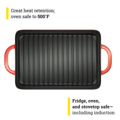 Lodge 12.5 x 8 Inch Enamel Cast Iron Grill Pan - Dual Assist Handles - Use in the Oven, on the Stove, on the Grill, or Over a Campfire - Red