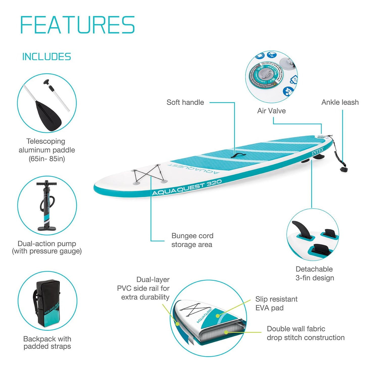 INTEX 68242EP AquaQuest 320 10ft Inflatable Paddle Board Set: Tri-Fin Design – Slip-Resistant EVA Pad – Includes Adjustable Paddle and High Pressure Pump – Storage Rope – 330lb Weight Capacity