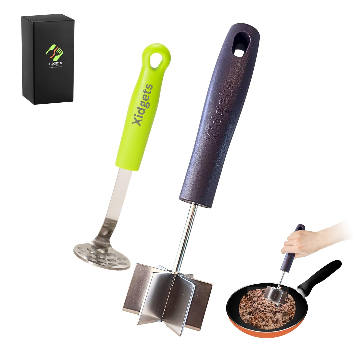 2 pc box set - Large Stainless Steel Meat Chopper & mini Avocado Masher - with Heavy Duty Handle & Mashing Head for Beef, Turkey and More – Dishwasher Safe (Midnight Plum 10"/Zippy Green Mini)