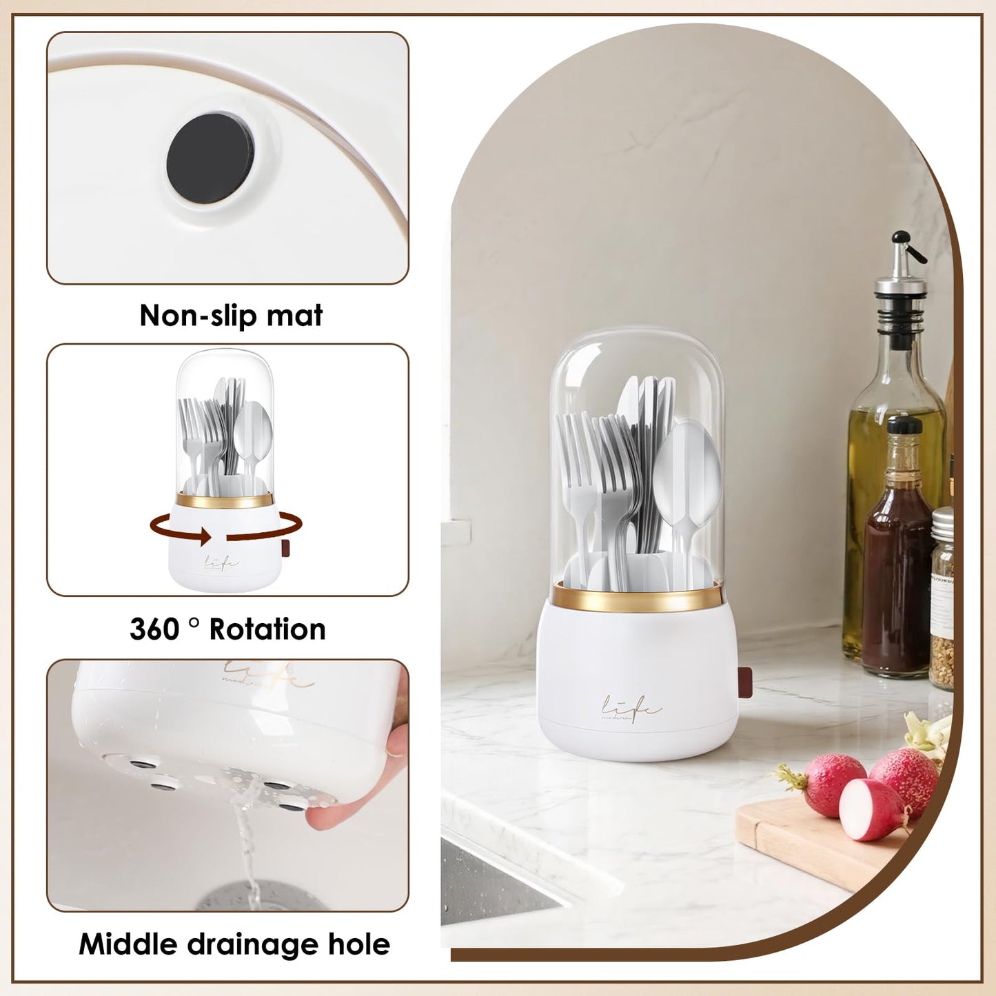 EXIN DECHEN 360° Rotation Silverware Organizer for Kitchen Counter,Utensil Holder Caddy Silverware Caddy Holder for Party,Spoon and Fork Organizer,7 Slots and Intermediate Drainage Device with Cover