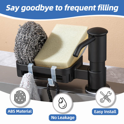 HAPPUP Soap Dispenser for Kitchen Sink, Built in Soap Dispenser Pump with Sponge Holder, Under Counter Black ABS Pump Head with 38" Extension Tube Kit, Good Suction Power (Black)