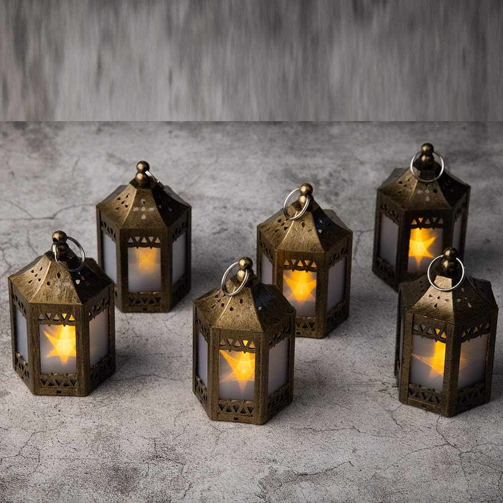 Mini Star Lantern with Flickering LED - Set of 6 Copper Brushed Decorative Hanging Light for Indoor Use