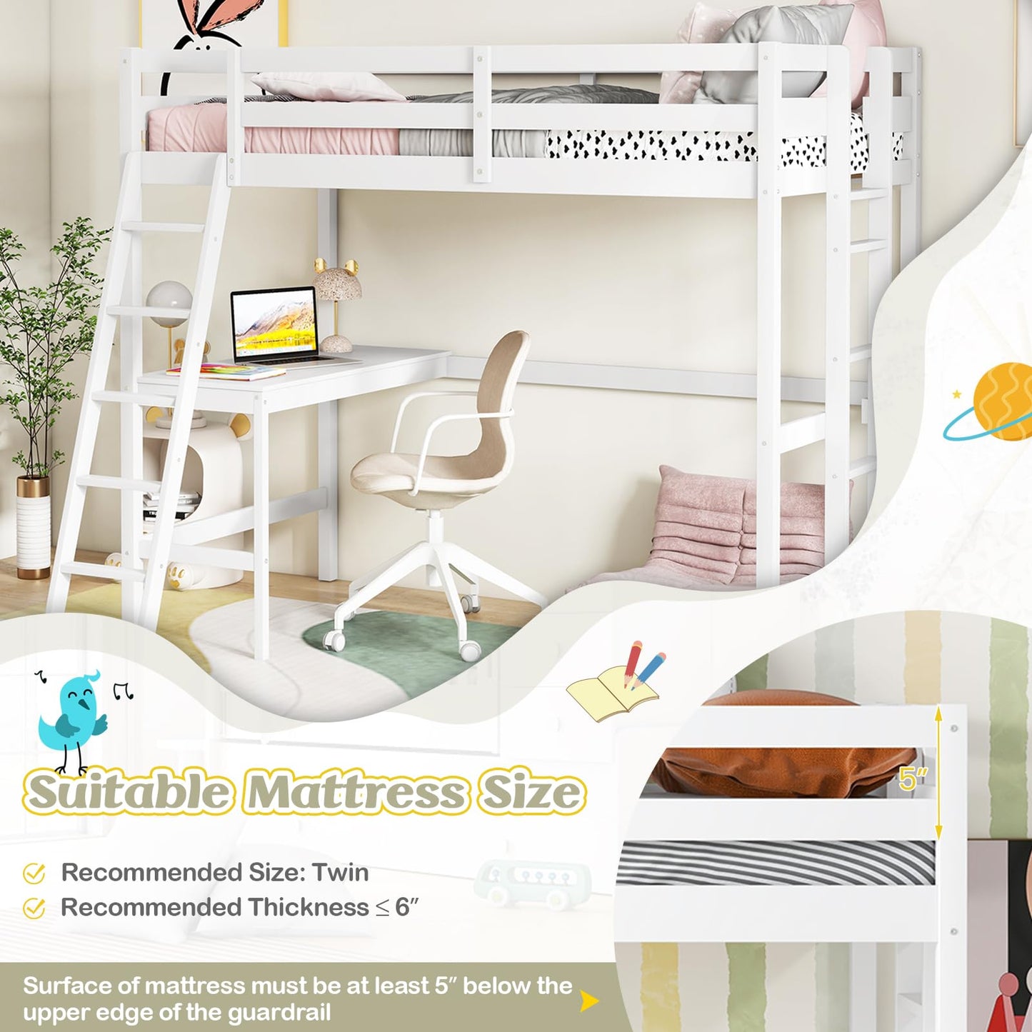KOMFOTT Twin Loft Bed with Desk, Solid Wood Twin Bed Frame with 2 Ladders, Safety Guardrail for Teenagers, Space-Saving Loft Bed with Wooden Slats Support, No Box Spring Needed (White)