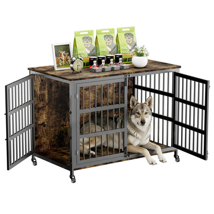 46" Dog Crate Furniture with Wheels, XXL Heavy Duty Dog Kennel Indoor for XL Dogs, Metal Chew-Proof Dog Cage, 45.9" L x 27.6" W x 32.4" H, Decorate House as TV Stand, End Table — Rustic Brown