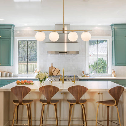 Zicbol 45.3" Modern Linear Chandelier 4-Lights Milk Glass Globe Linear Pendant Light Fixture Brushed Gold Mid Century Chandelier Kitchen Island Dining Room Light Fixture Over Table