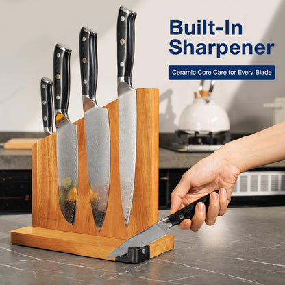 Gourmetop Magnetic Knife Holder with Built-in Sharpener, 100% Acacia Wood Magnetic Knife Block without Knives, Strong Double-Sided Magnetic Knife Holder for Kitchen Countertop Organization, Light Wood